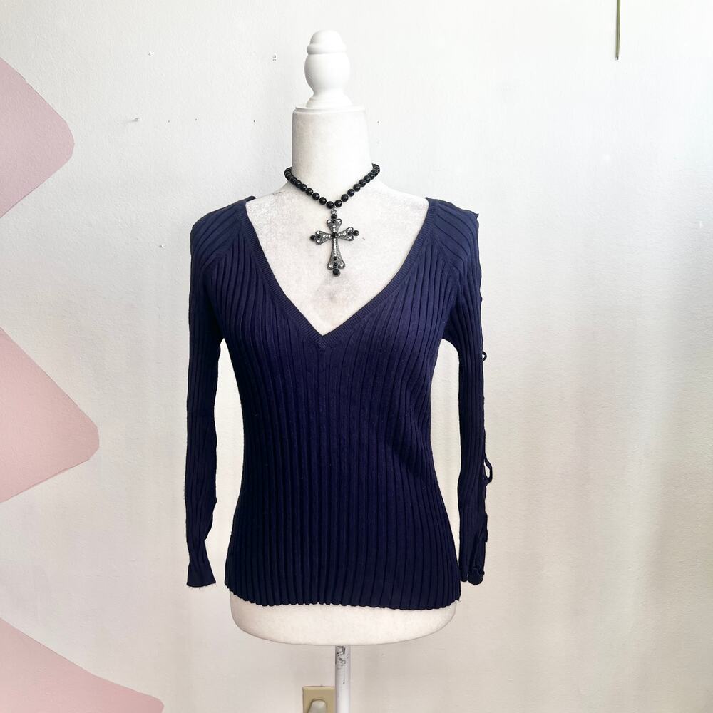Blue Ribbed Cut Out Long Sleeve Top Y2K 2000s Indie Sleaze Tumblr Grunge‎ Small